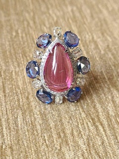 Set in 18K Gold, Rubellite, Blue Sapphire & Rose Cut Diamonds Cocktail Ring