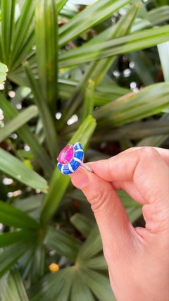 Set in 18K Gold, Rubellite Cabochon, Blue Enamel & Diamonds Cocktail Dome Ring