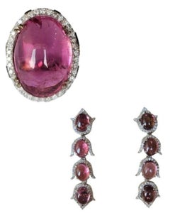 Set in 18K Gold, Rubellite Cabochon Ring & Rubellite Cabochon Chandelier Earring