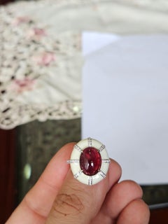 Set in 18K Gold, Rubellite Cabochon, White Enamel & Diamonds Cocktail Dome Ring