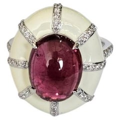 Set in 18K Gold, Rubellite Cabochon, White Enamel & Diamonds Cocktail Dome Ring