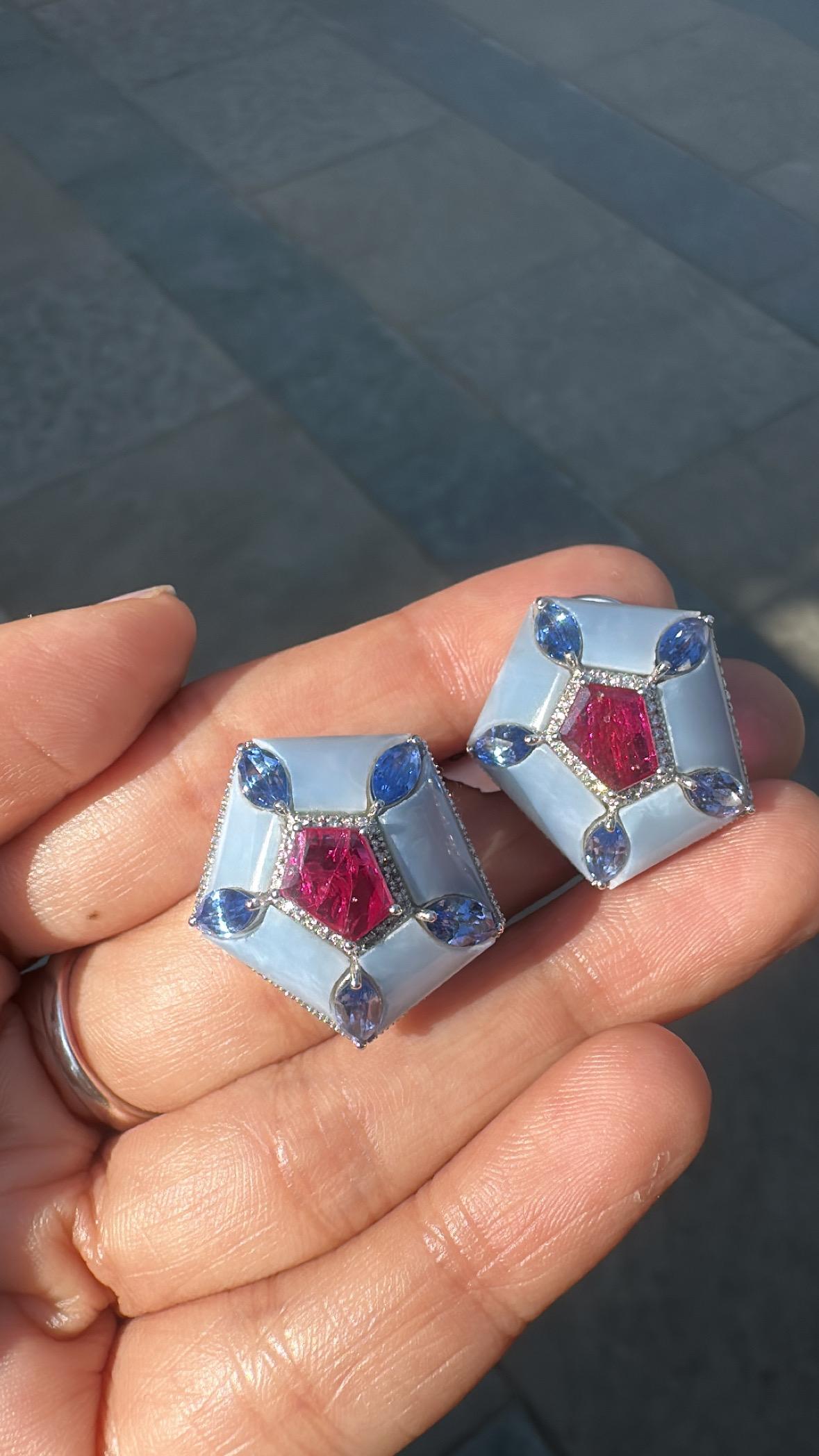Set in 18K Gold, Rubies, Blue Sapphires, Blue Opal & Diamonds Stud Earrings For Sale 4