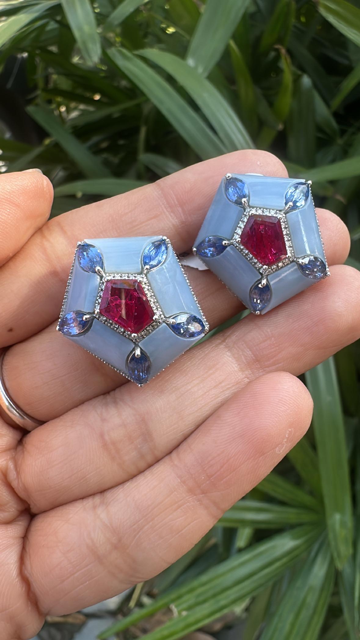 Set in 18K Gold, Rubies, Blue Sapphires, Blue Opal & Diamonds Stud Earrings For Sale 5