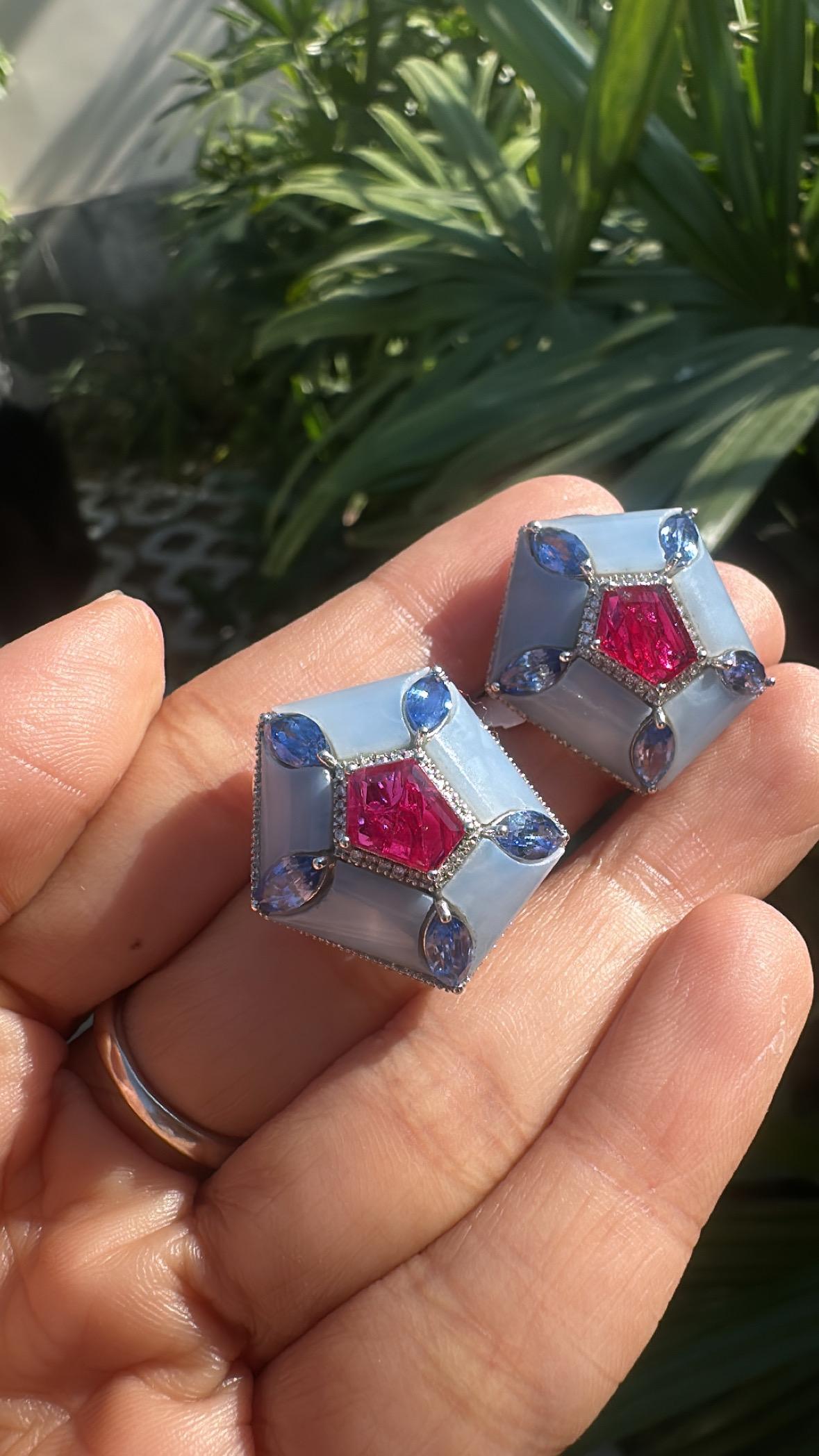 Set in 18K Gold, Rubies, Blue Sapphires, Blue Opal & Diamonds Stud Earrings For Sale 6