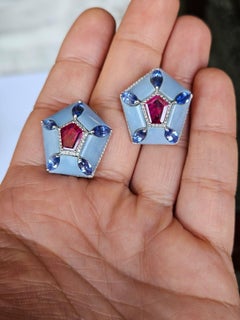 Set in 18K Gold, Rubies, Blue Sapphires, Blue Opal & Diamonds Stud Earrings