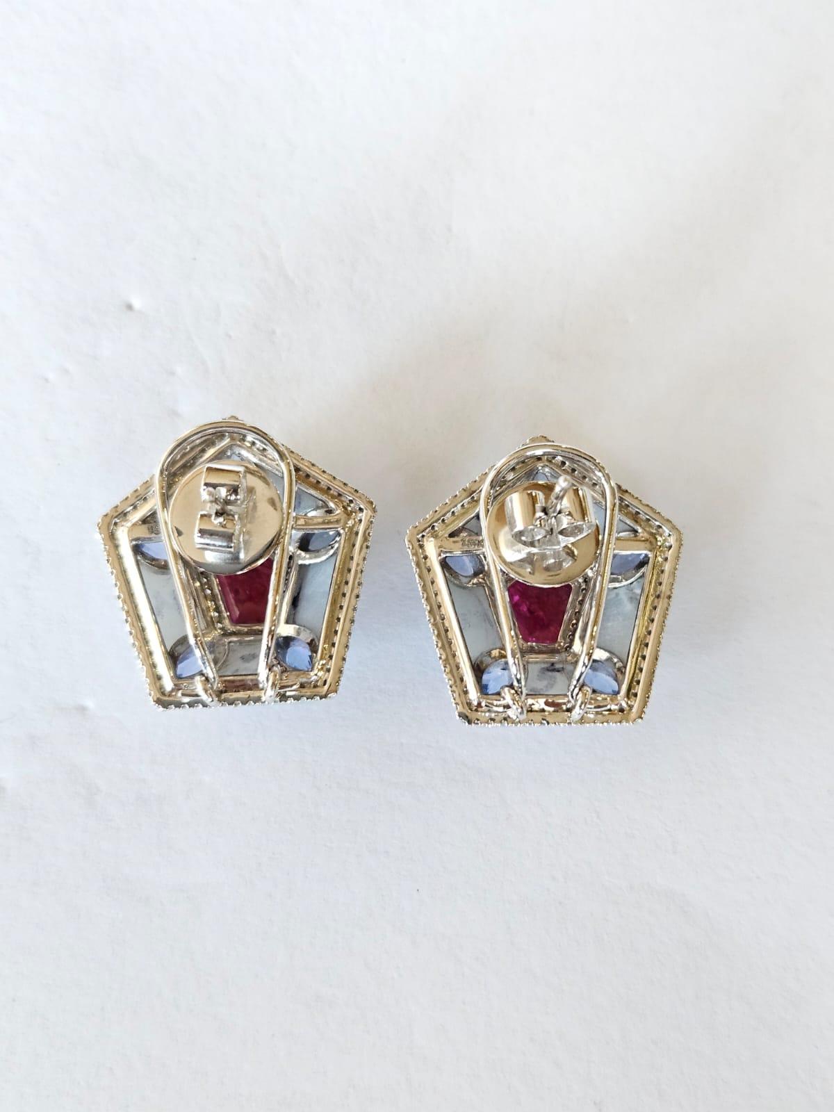 Modern Set in 18K Gold, Rubies, Blue Sapphires, Blue Opal & Diamonds Stud Earrings For Sale