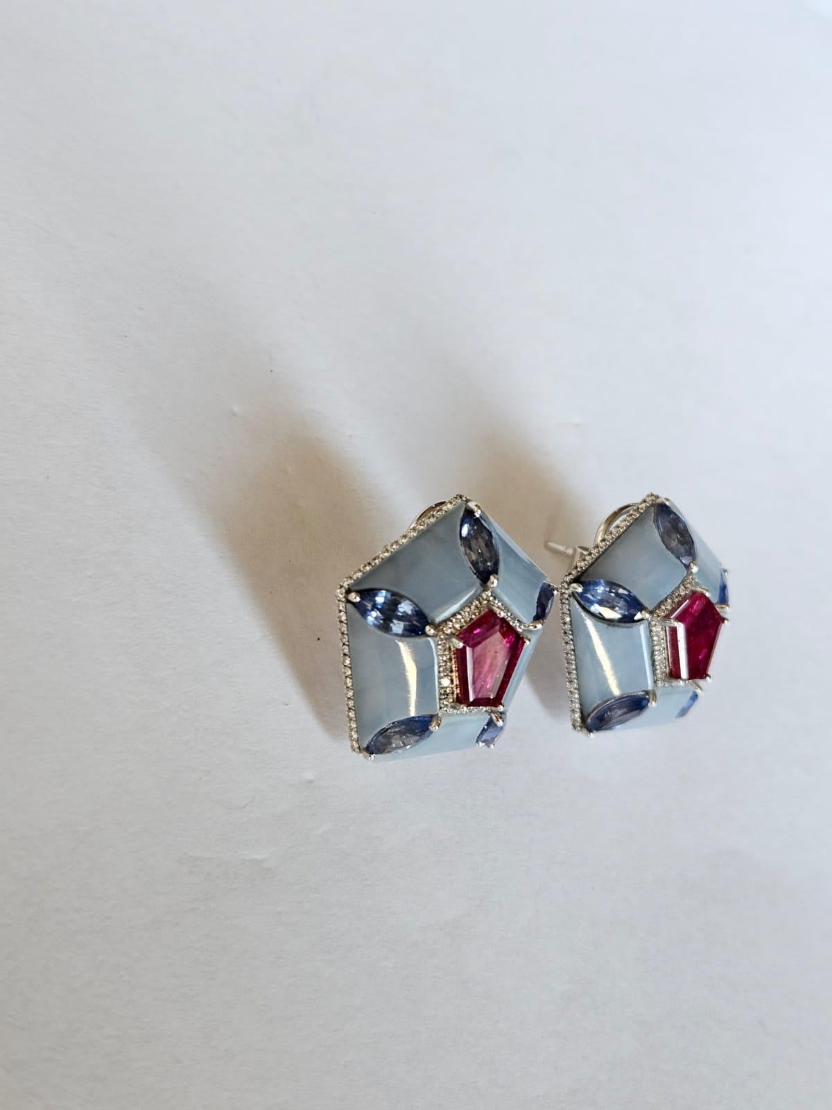 Hexagon Cut Set in 18K Gold, Rubies, Blue Sapphires, Blue Opal & Diamonds Stud Earrings For Sale