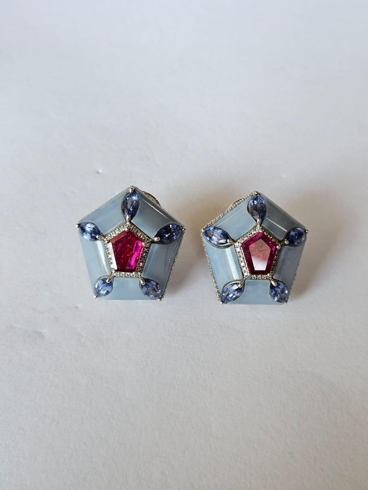Set in 18K Gold, Rubies, Blue Sapphires, Blue Opal & Diamonds Stud Earrings In New Condition For Sale In Hong Kong, HK