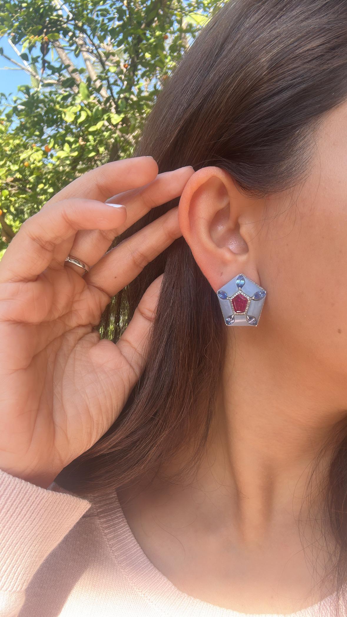 Women's or Men's Set in 18K Gold, Rubies, Blue Sapphires, Blue Opal & Diamonds Stud Earrings For Sale