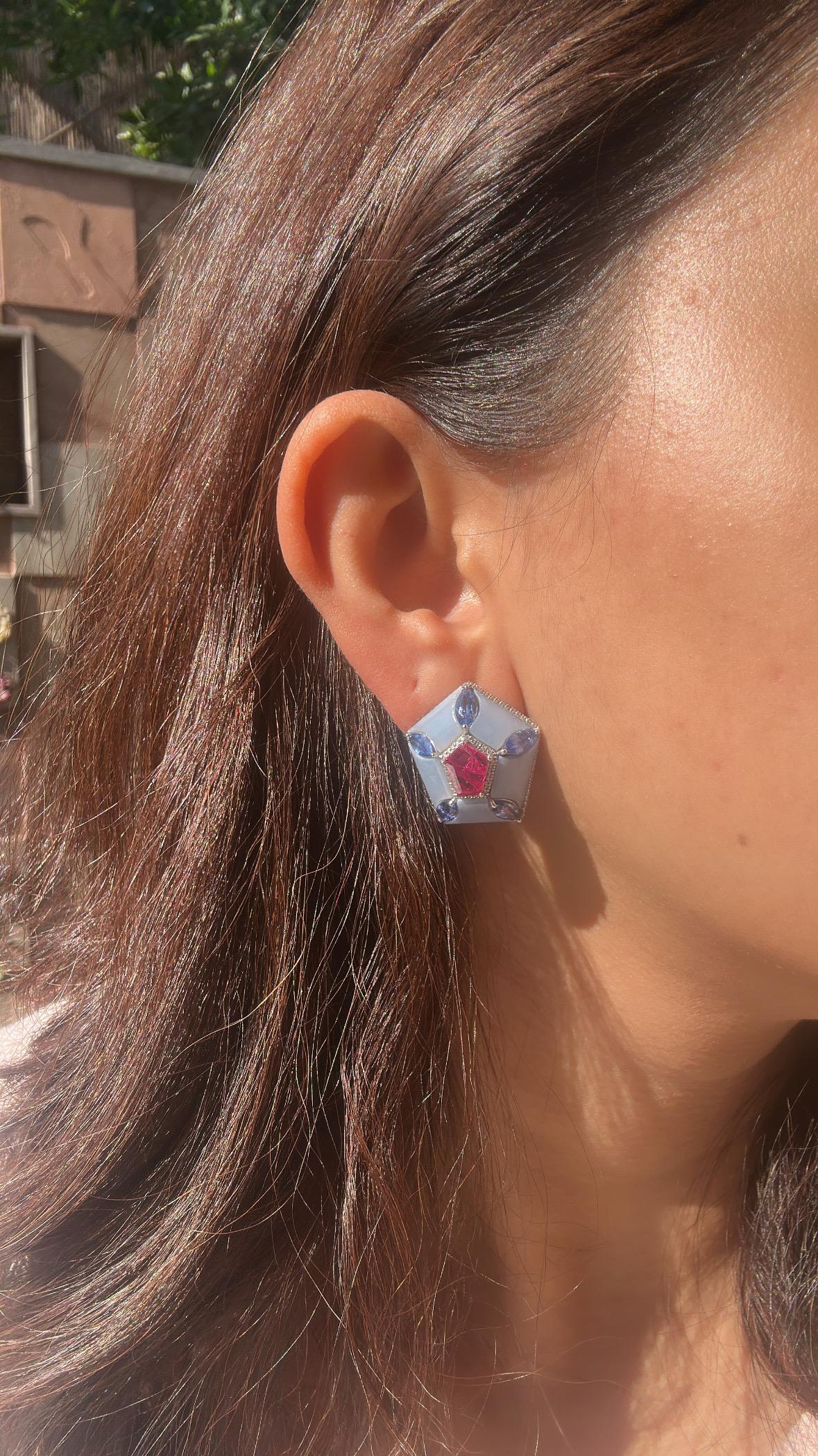 Set in 18K Gold, Rubies, Blue Sapphires, Blue Opal & Diamonds Stud Earrings For Sale 1