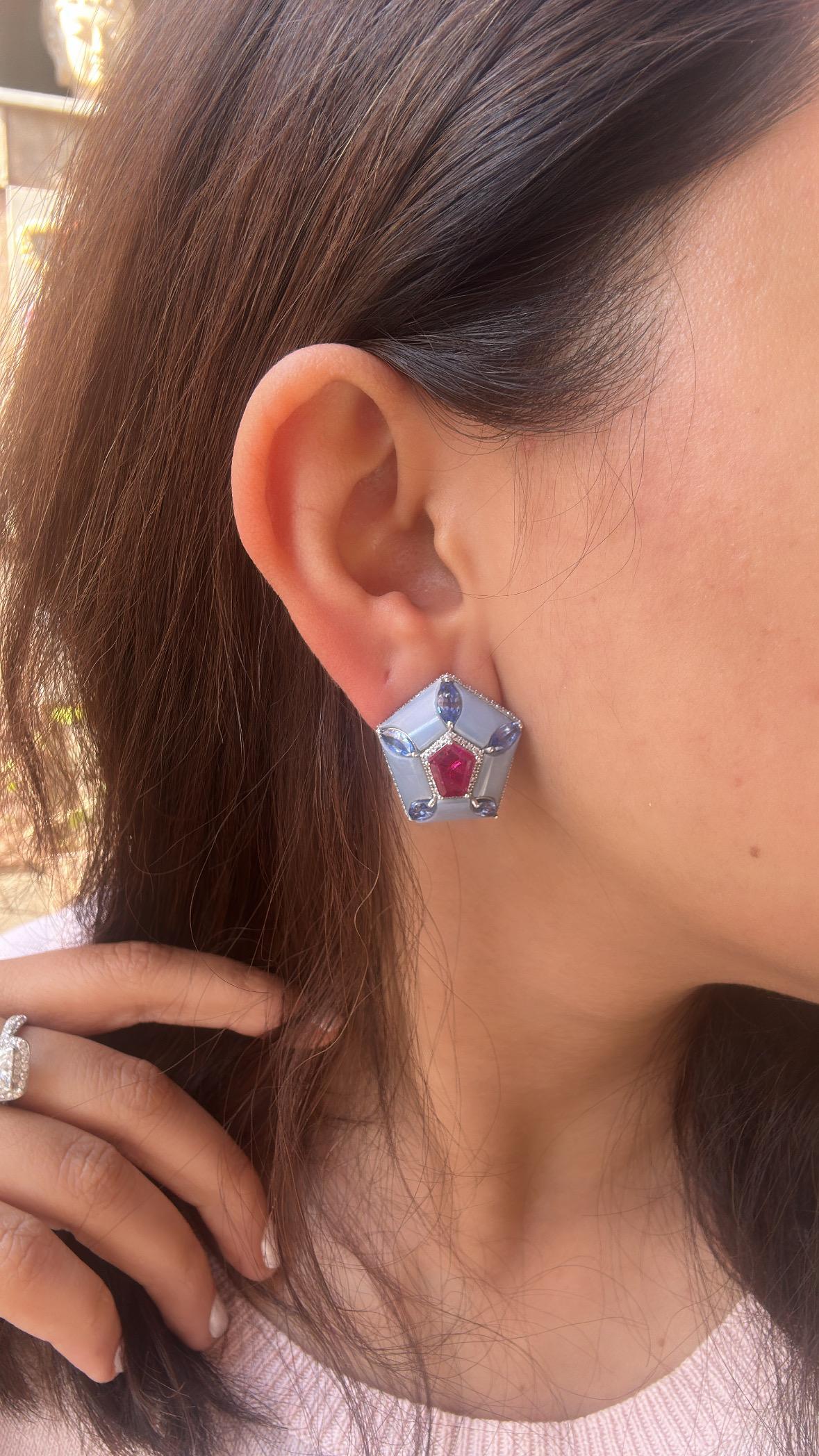 Set in 18K Gold, Rubies, Blue Sapphires, Blue Opal & Diamonds Stud Earrings For Sale 3