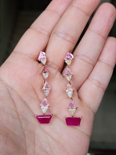 Set in 18K Gold, Rubies, Pink Sapphires & yellow Diamonds Chandelier Earrings