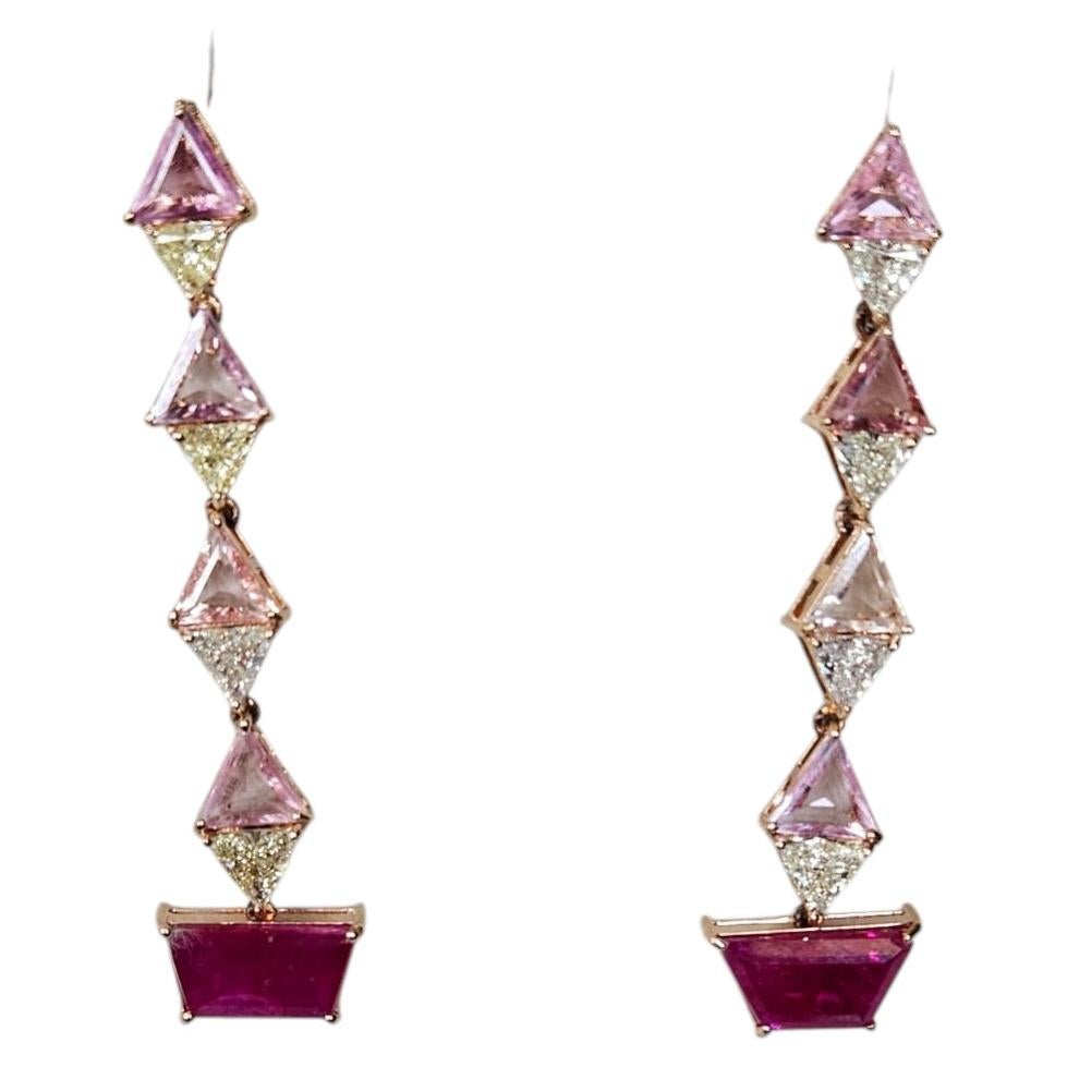 In 18K Gold gefasst, Rubine, Pinke Saphire und gelbe Diamanten Kronleuchter-Ohrringe