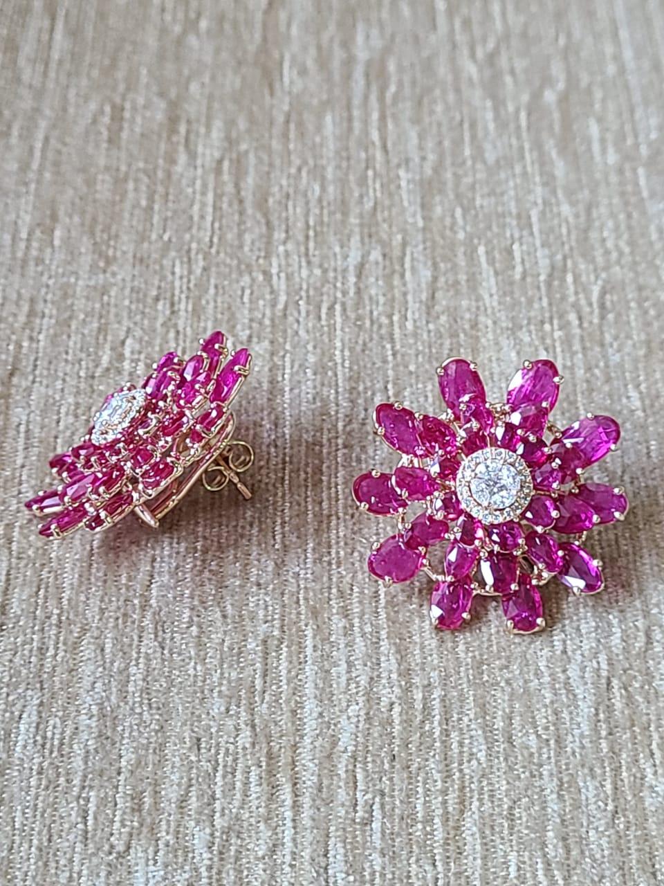 Round Cut Set in 18K Gold, Ruby & Diamonds Art Deco Style Stud Earrings