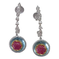 Used 18K Gold Ruby on Aquamarine and Rose Cut Diamonds Dangle Drop Earrings