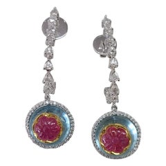 18K Gold Ruby on Aquamarine and Rose Cut Diamonds Dangle Drop Earrings