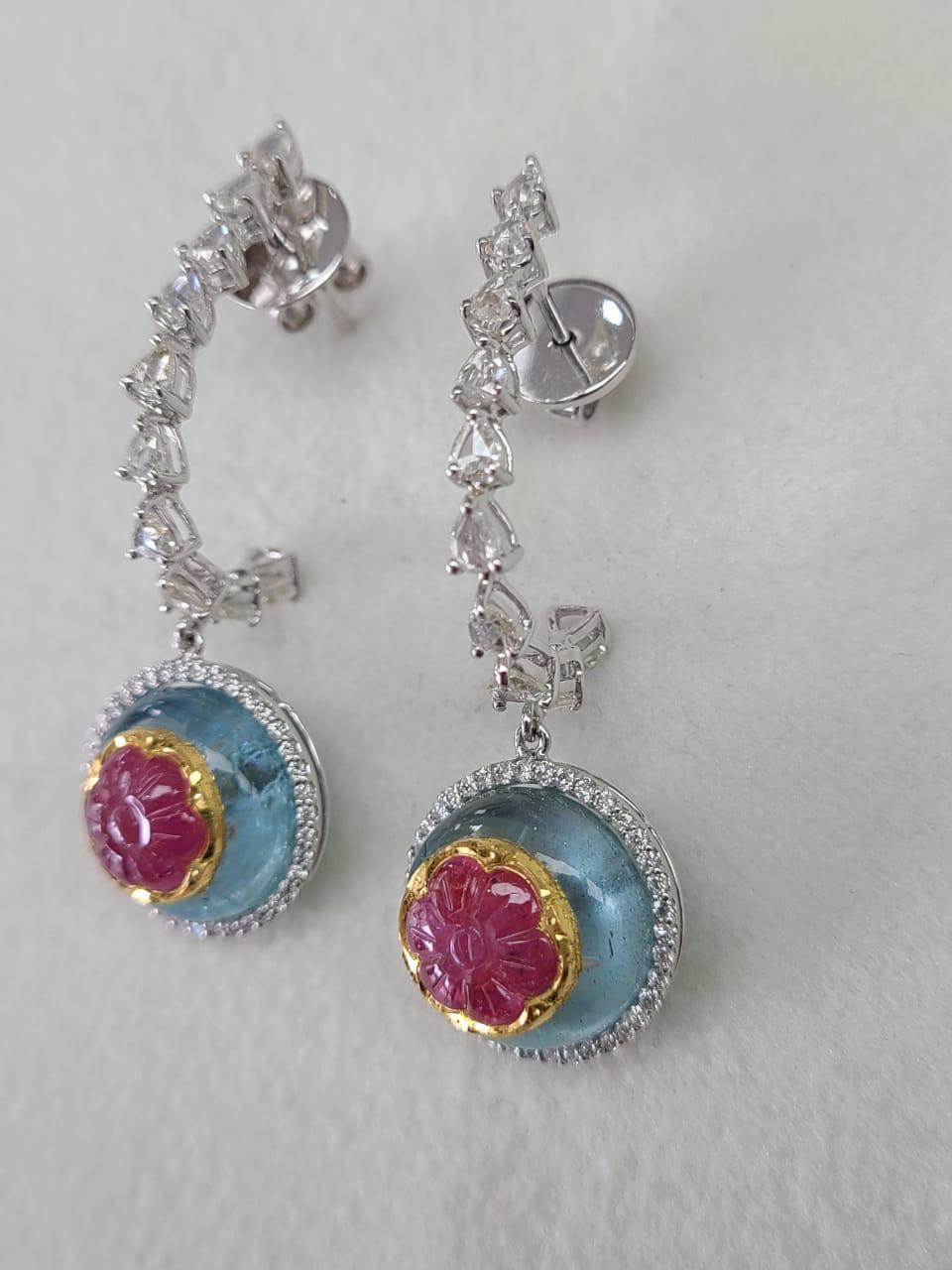 A very special one of a kind, natural Ruby on Aquamarine & Rose Diamonds Chandelier Drop Earrings set in 18K Gold. The Ruby is 