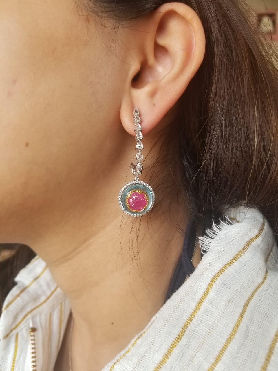 18K Gold Ruby on Aquamarine and Rose Cut Diamonds Dangle Drop Earrings In New Condition In Hong Kong, HK