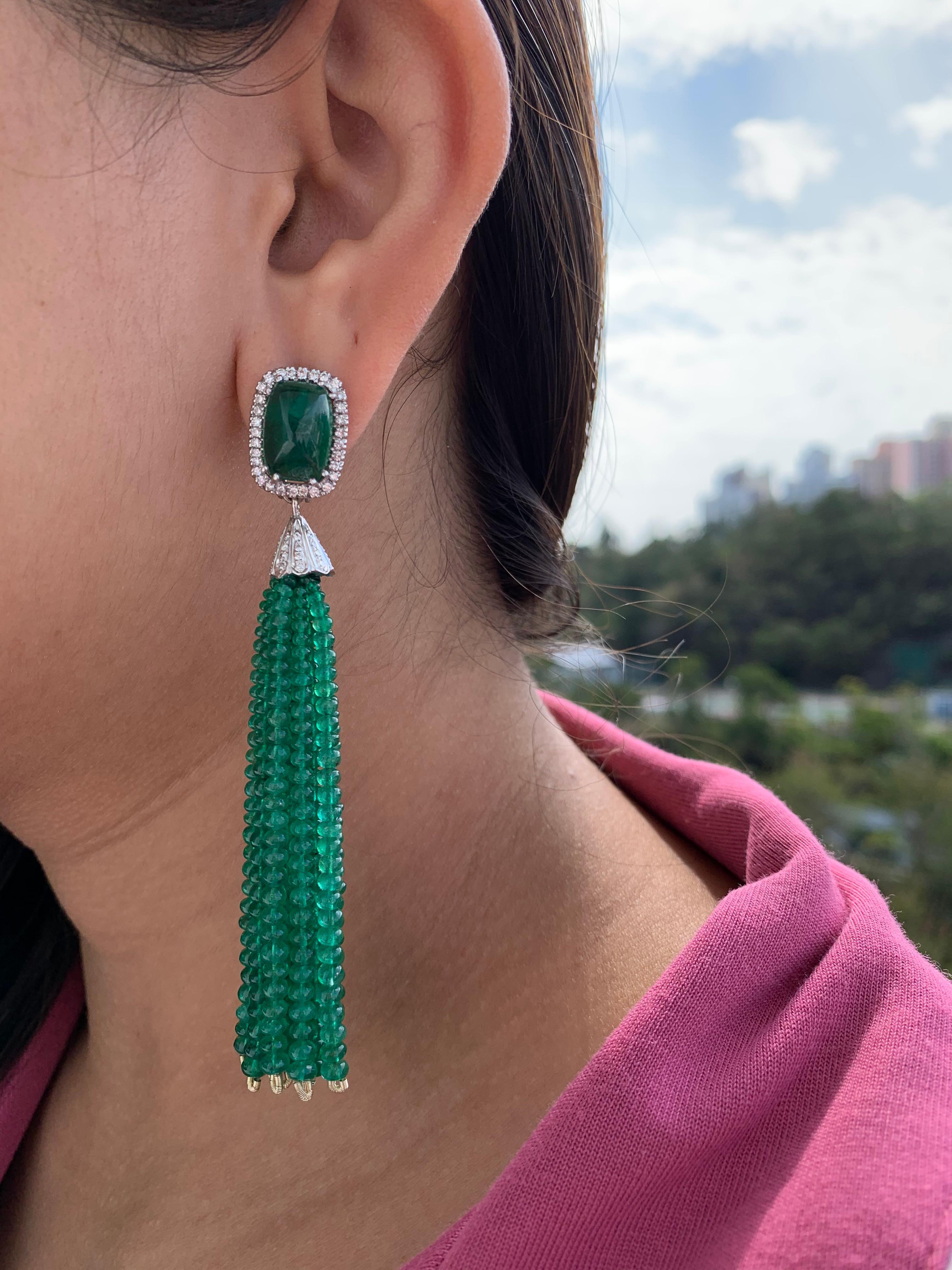 Art Deco 18k Gold Sugarloaf Emerald, Emerald Tassel & Diamond Chandelier Earrings