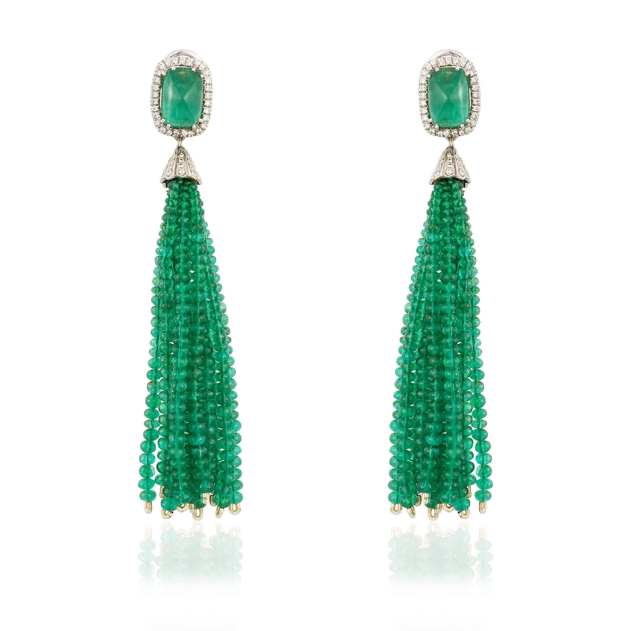 Round Cut 18k Gold Sugarloaf Emerald, Emerald Tassel & Diamond Chandelier Earrings
