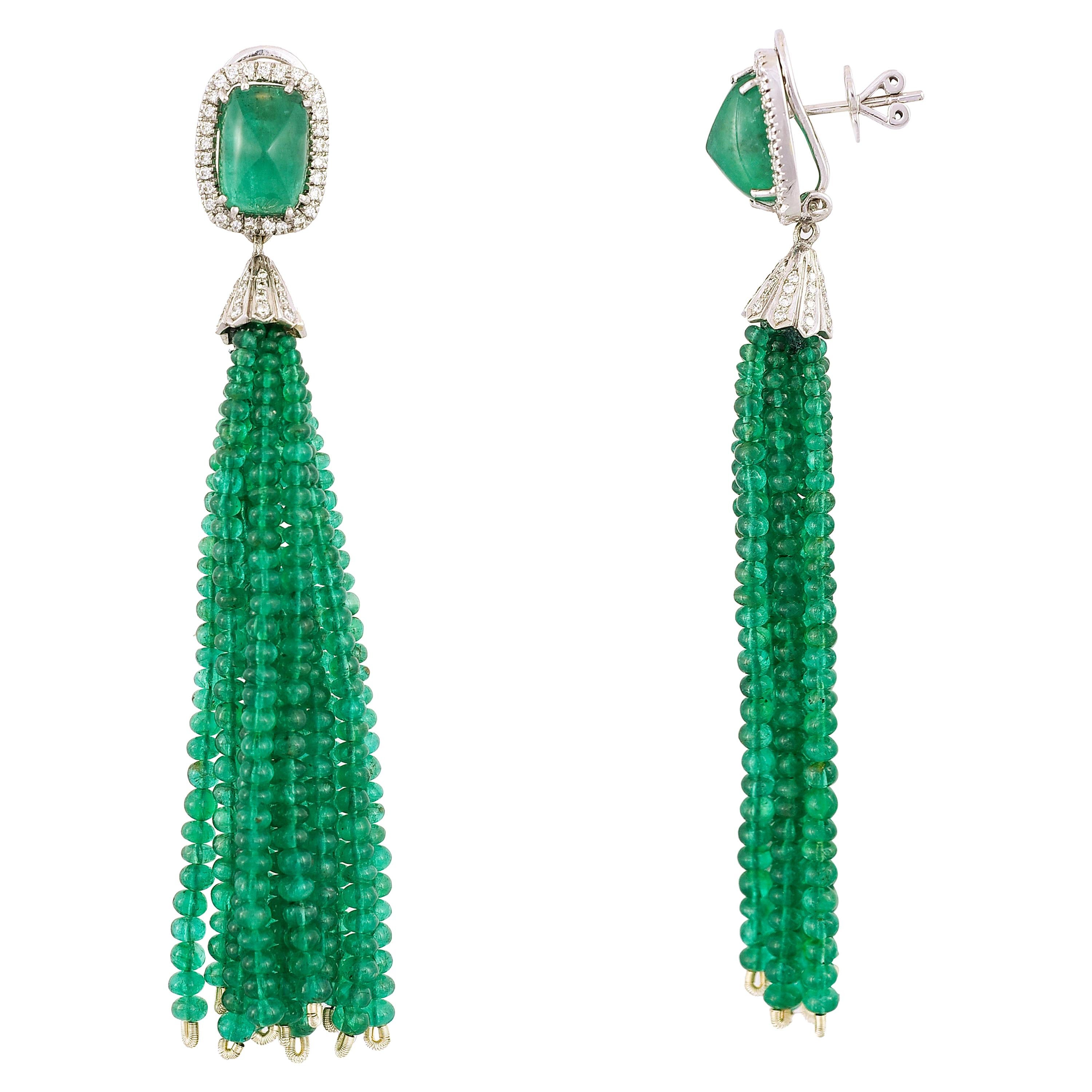 18k Gold Sugarloaf Emerald, Emerald Tassel & Diamond Chandelier Earrings