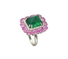 Set in 18K gold, Sugarloaf Emerald, Pink Sapphire and Diamonds Cocktail Ring
