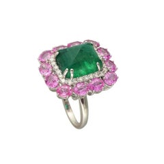 Set in 18K gold, Sugarloaf Emerald, Pink Sapphire and Diamonds Cocktail Ring