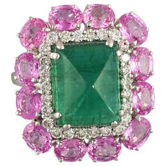 Set in 18K gold, Sugarloaf Emerald, Pink Sapphire and Diamonds Cocktail Ring