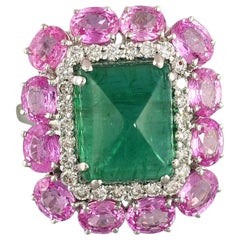 Set in 18K gold, Sugarloaf Emerald, Pink Sapphire and Diamonds Cocktail Ring