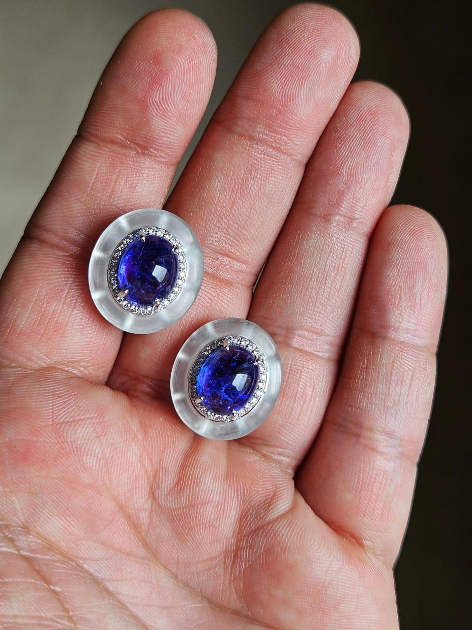 Art Deco Set in 18K Gold, Tanzanite Cabochon, Rock Crystal & Diamonds Stud Earrings For Sale