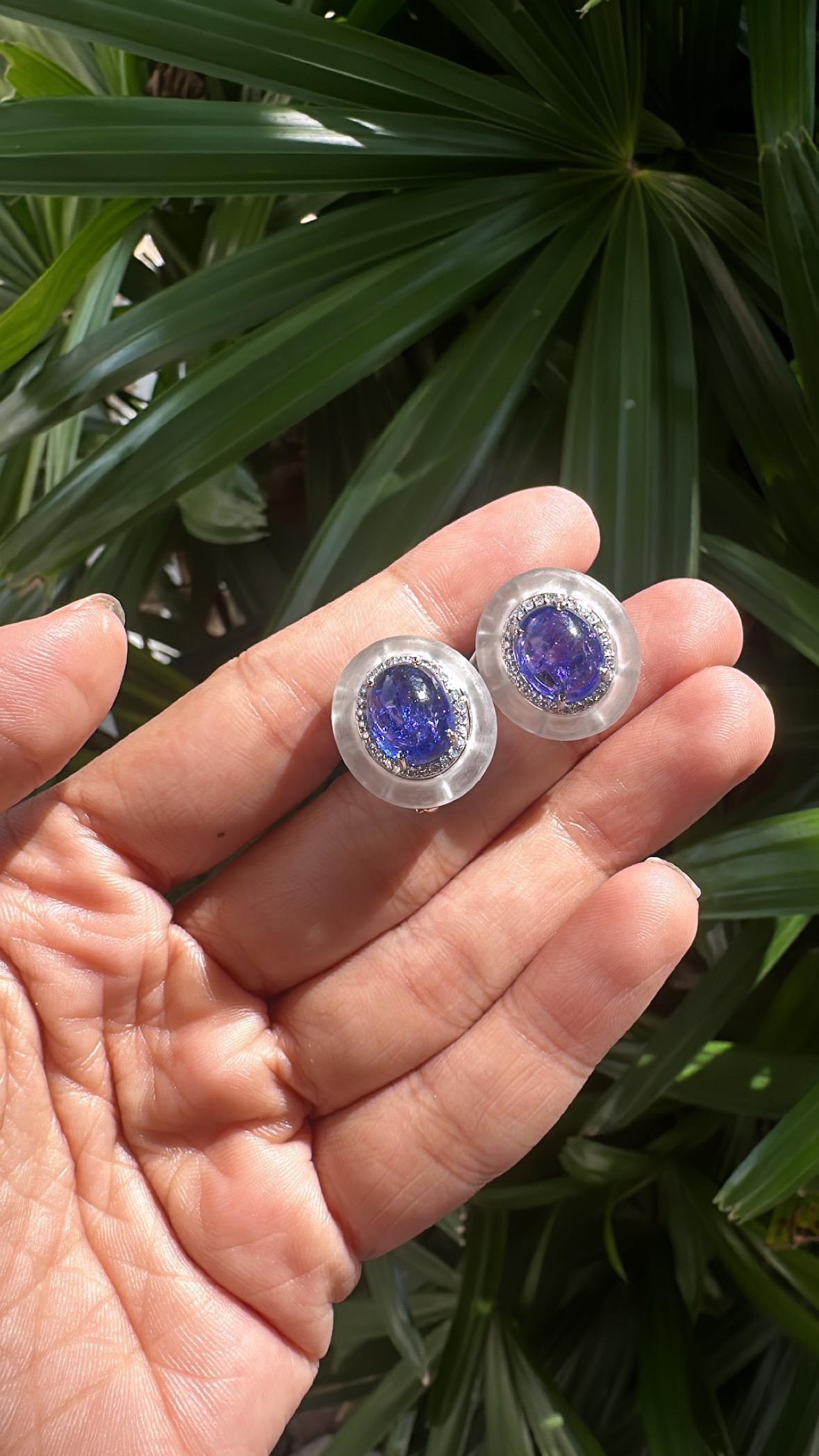 Set in 18K Gold, Tanzanite Cabochon, Rock Crystal & Diamonds Stud Earrings For Sale 1