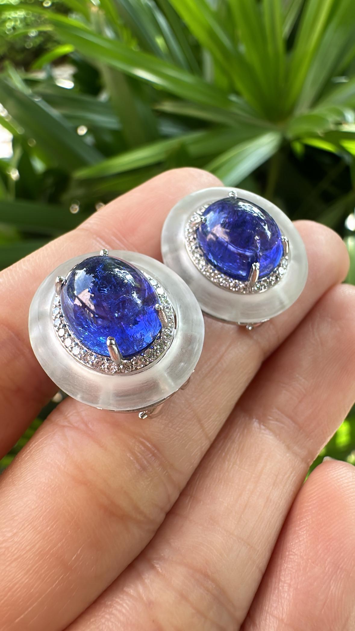 Set in 18K Gold, Tanzanite Cabochon, Rock Crystal & Diamonds Stud Earrings For Sale 2