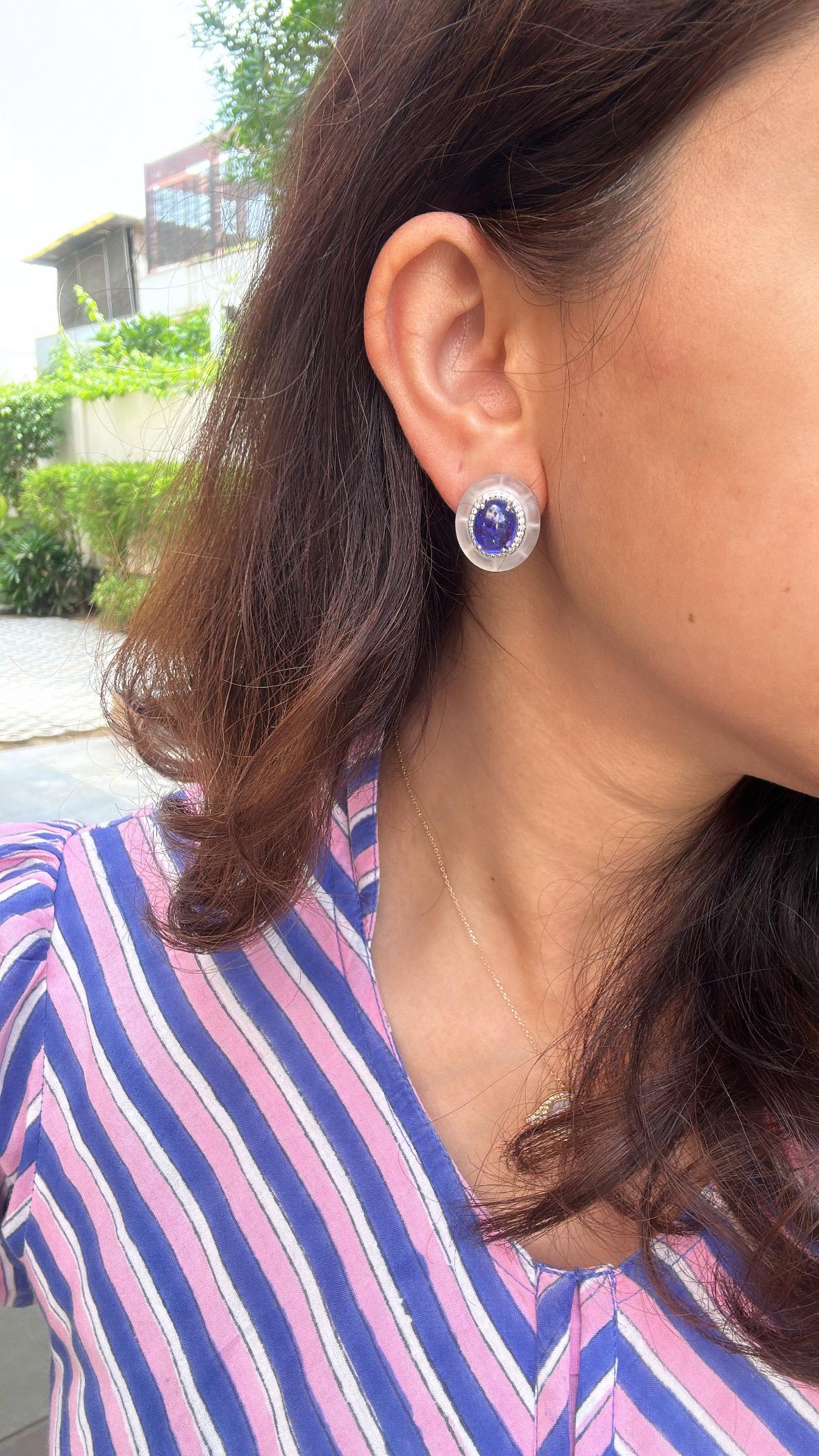 Set in 18K Gold, Tanzanite Cabochon, Rock Crystal & Diamonds Stud Earrings For Sale 3