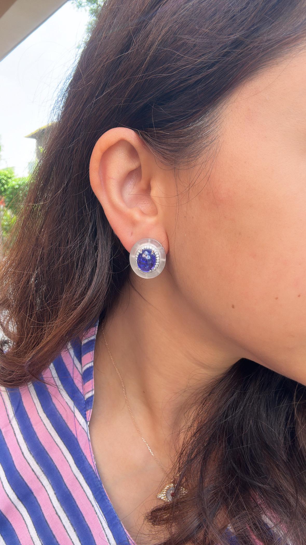 Set in 18K Gold, Tanzanite Cabochon, Rock Crystal & Diamonds Stud Earrings For Sale 4