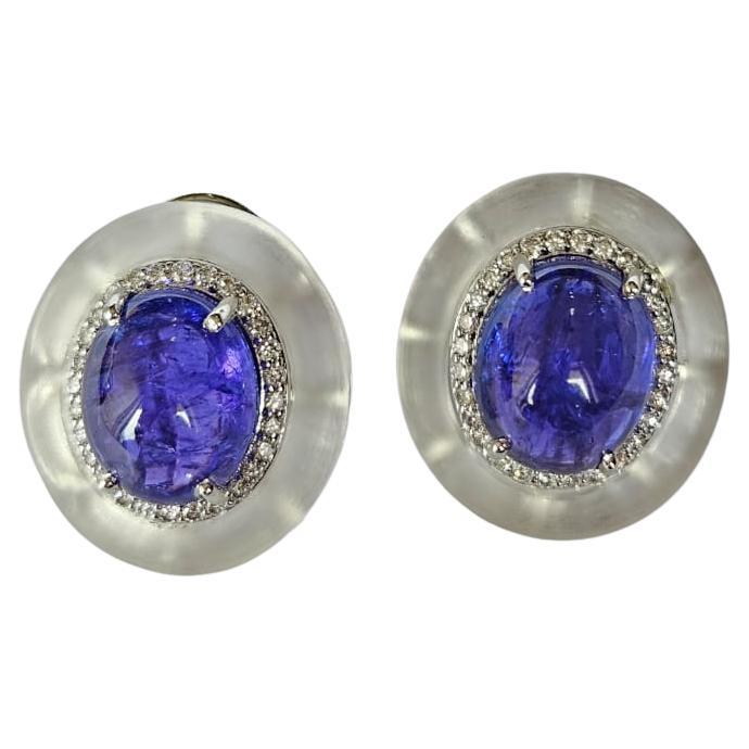 Set in 18K Gold, Tanzanite Cabochon, Rock Crystal & Diamonds Stud Earrings For Sale
