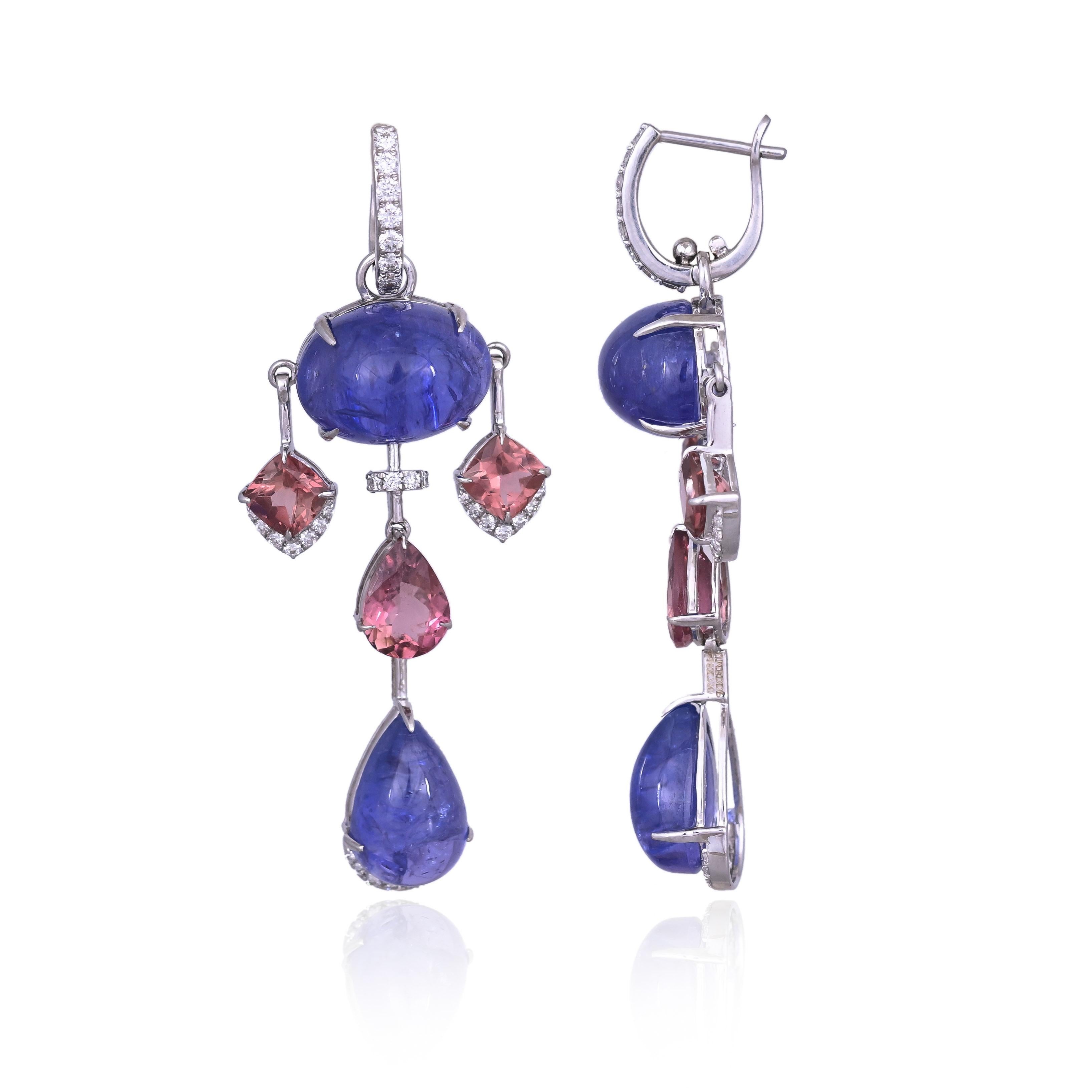 Set aus 18 Karat Gold, Tansanit-Cabochons, Turmalin und Diamanten Ohrringe mit Anhänger im Angebot 7