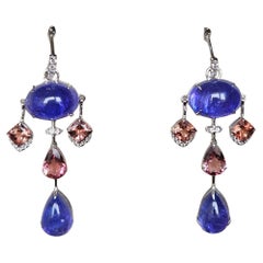 Set aus 18 Karat Gold, Tansanit-Cabochons, Turmalin und Diamanten Ohrringe mit Anhänger