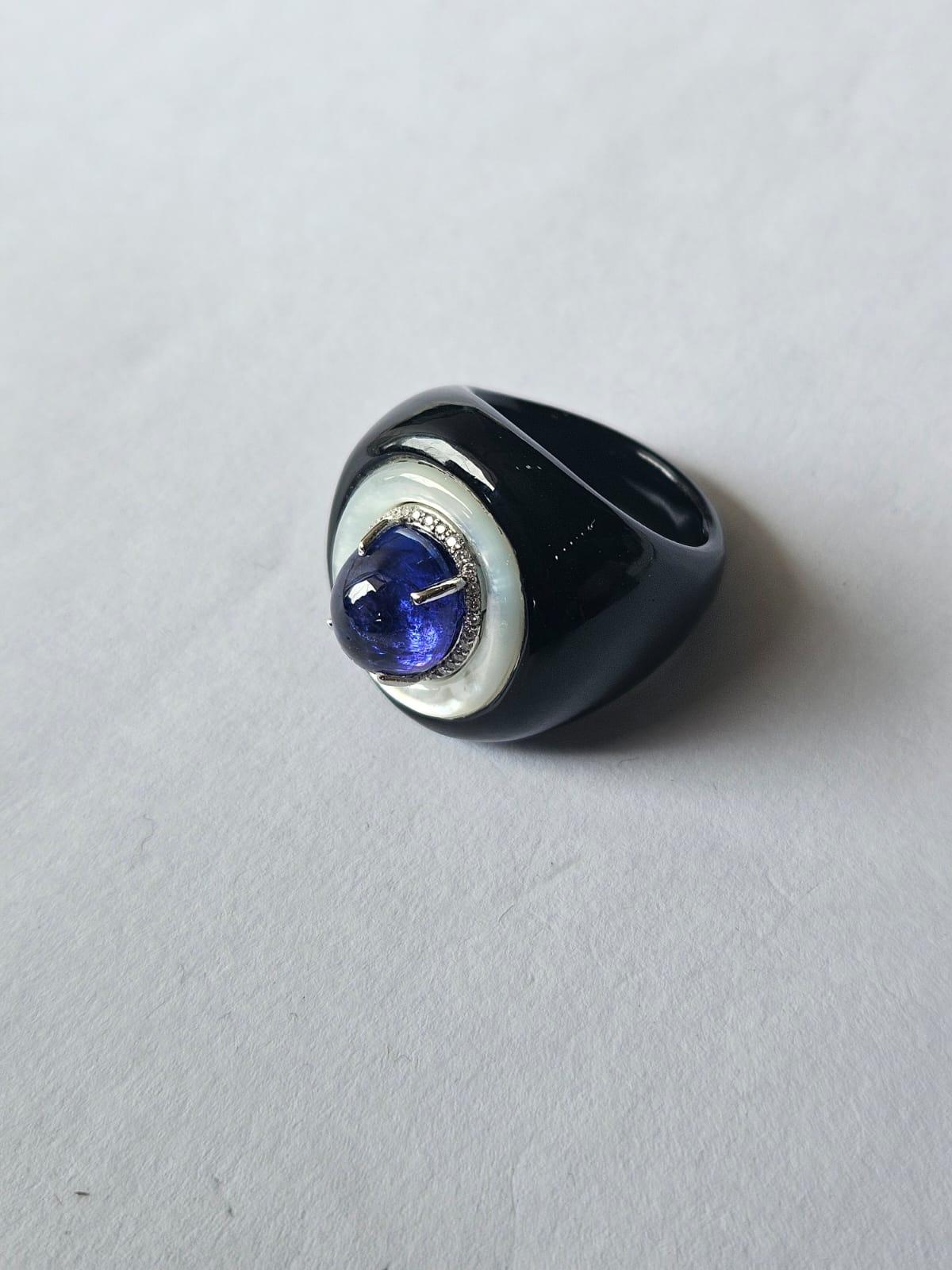 Cabochon Set in 18K Gold, Tanzanite, Mother of Pearl, Black Onyx & Diamonds Cocktail Ring For Sale