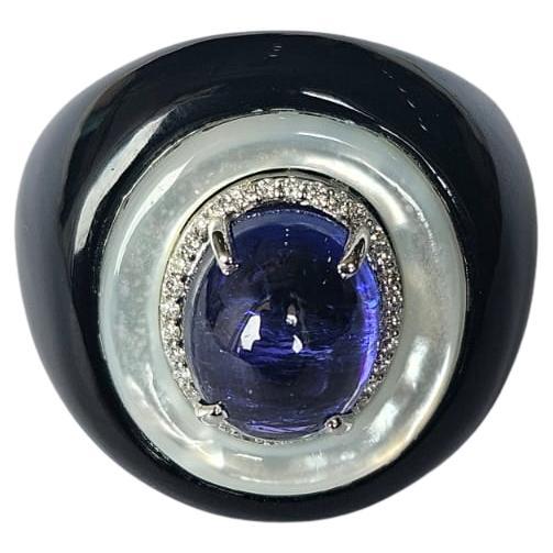Set in 18K Gold, Tanzanite, Mother of Pearl, Black Onyx & Diamonds Cocktail Ring