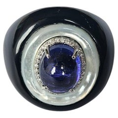 Set in 18K Gold, Tanzanite, Mother of Pearl, Black Onyx & Diamonds Cocktail Ring
