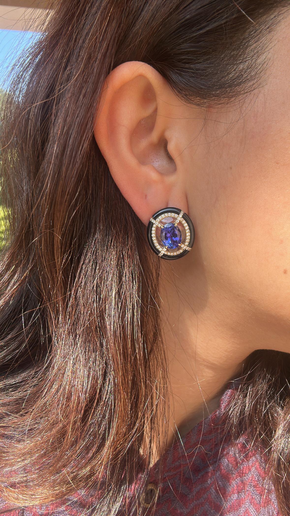 da uomo o donna Orecchini con montatura in oro 18 carati, tanzanite, cristallo di rocca, onice nera e diamanti in vendita