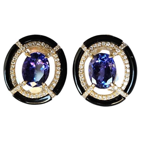 Pendientes engastados en oro de 18 quilates, tanzanita, cristal de roca, ónice negro y diamantes