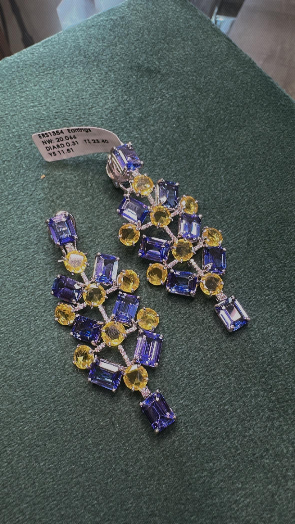 Boucles d'oreilles chandelier en or 18 carats, Tanzanites, saphirs jaunes et diamants en vente 2