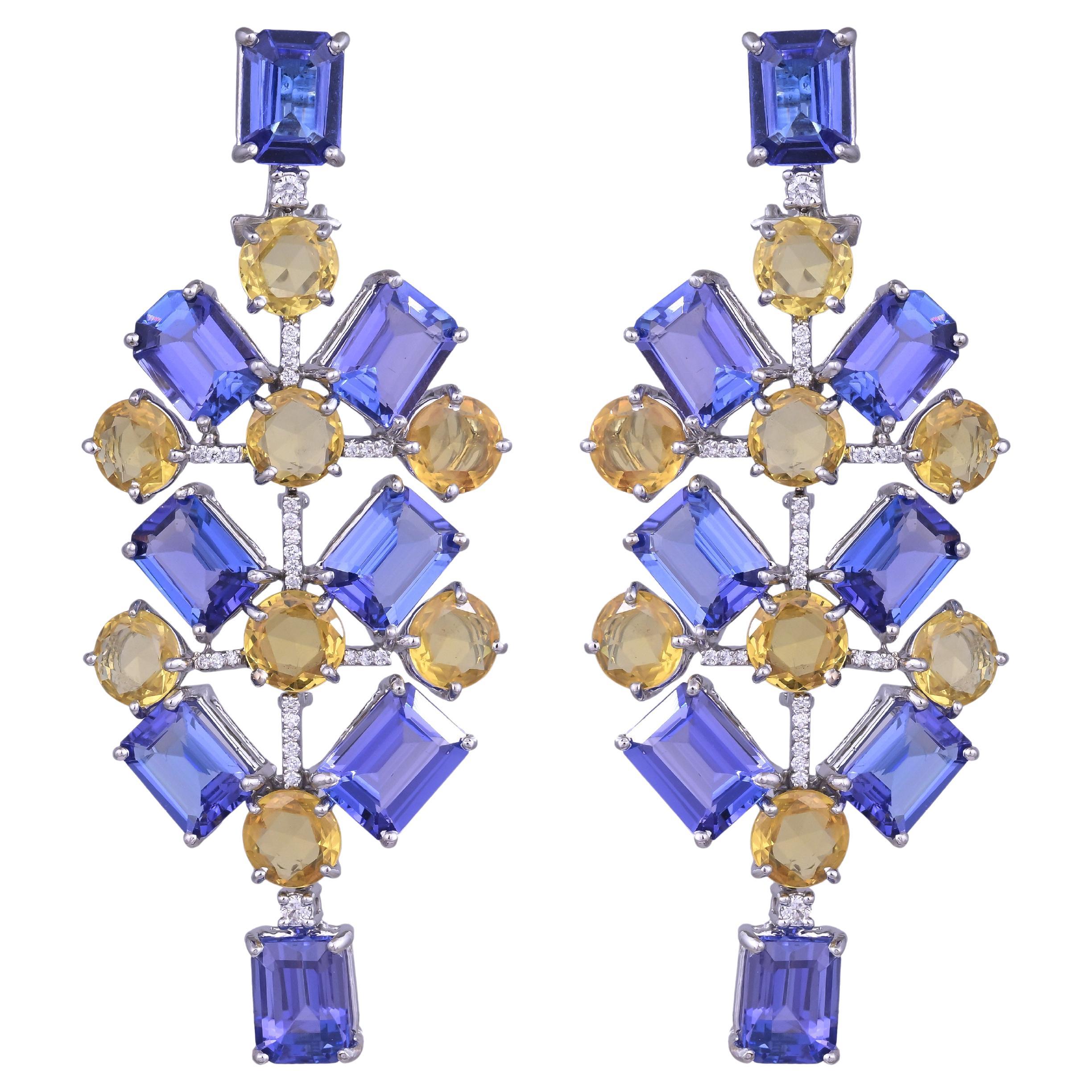 Boucles d'oreilles chandelier en or 18 carats, Tanzanites, saphirs jaunes et diamants