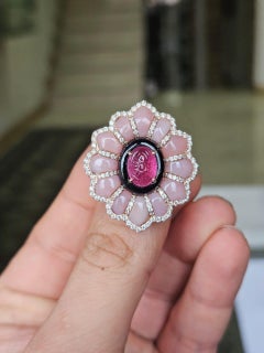 Set in 18K Gold, Tourmaline, Black Onyx, Pink Opals & Diamonds Cocktail Ring