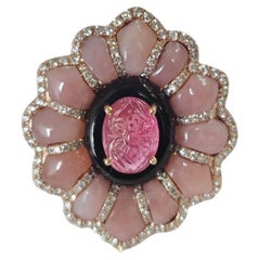 Set in 18K Gold, Tourmaline, Black Onyx, Pink Opals & Diamonds Cocktail Ring
