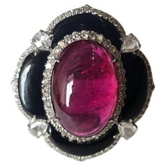 Set in 18K Gold, Tourmaline Cabochon, Black Onyx & Diamonds Cocktail Ring