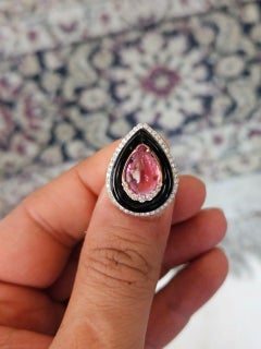 Set in 18K Gold, Tourmaline cabochon, Black Onyx & Diamonds Engagement Ring