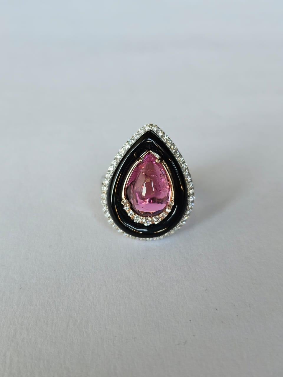 Verlobungsring aus 18 Karat Gold, Turmalin-Cabochon, schwarzem Onyx und Diamanten für Damen oder Herren im Angebot