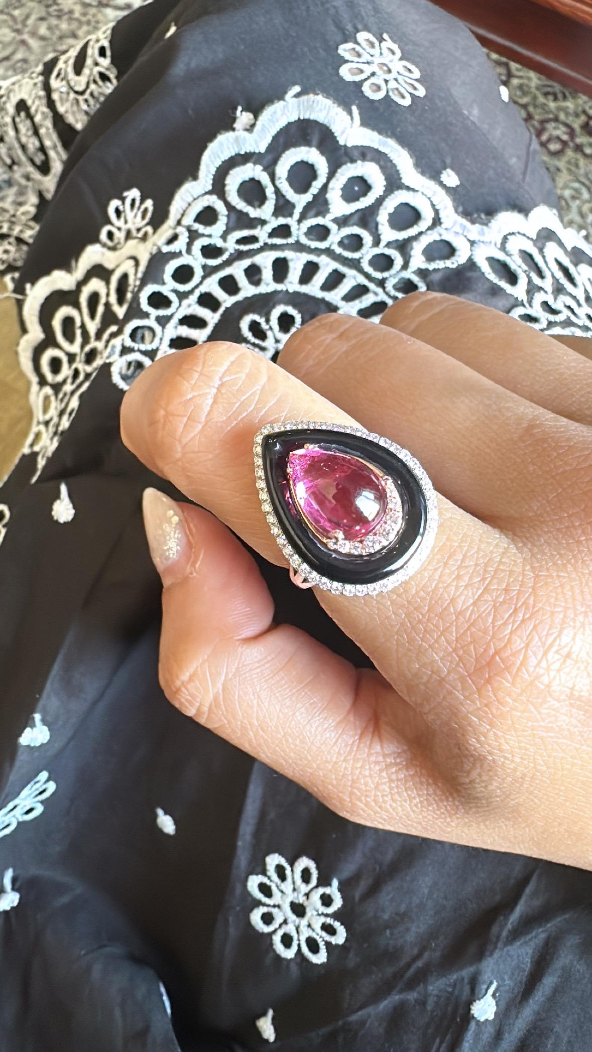 Verlobungsring aus 18 Karat Gold, Turmalin-Cabochon, schwarzem Onyx und Diamanten im Angebot 2